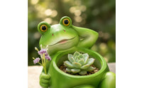 Vibrant Green Frog-Shaped Resin Planter Reclining Pose Frog Flower Pot Raised Eyes