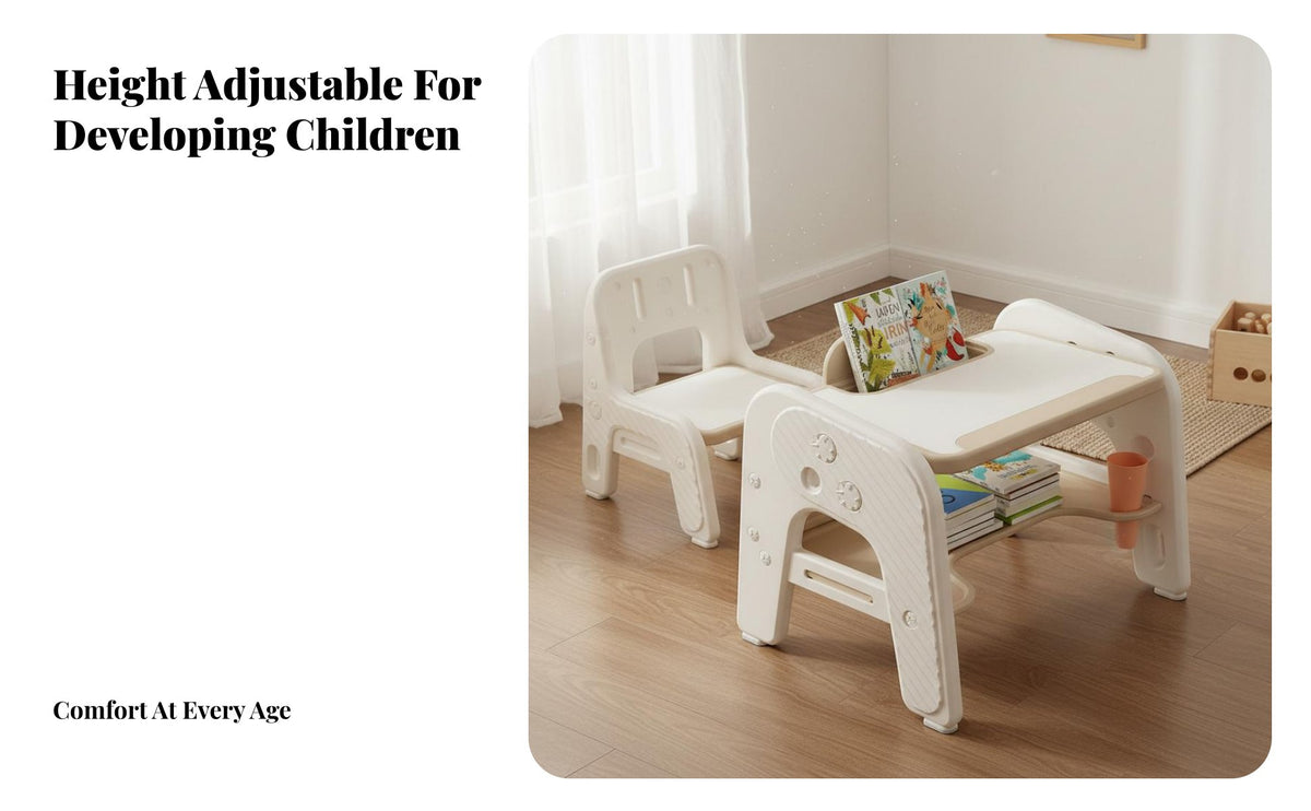 Rounded Corners Adjustable Kids Table and Chair Set Ergonomic Design Toddler Study Desk with Storage Material Multifunctional Play Table Set Stable Load-Bearing for Toddlers, Preschoolers, Parents, Playroom, Bedroom, Nursery, Classroom