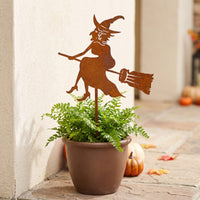 Rusted Witch Stake with Broom Metal Witch Silhouette Halloween Ornament Spooky for Garden, Lawn, Flower Bed