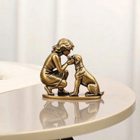 Antique Bronze Finish Girl and Dog Figurine Brass-Colored Girl with Dog Figurine Sculpted Sculpture Heartwarming for Bookshelf, Desk