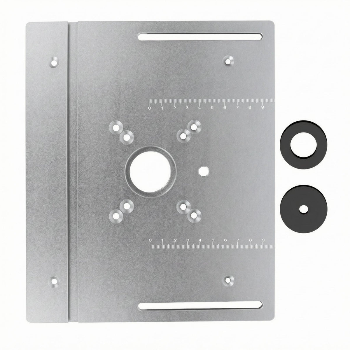 Engraved Measurement Markings Router Plate with Insert Rings Pre-Drilled Mounting Holes Aluminum Router Insert Plate Slotted Openings Power Tool Accessory Raised Side for Woodworking Shop