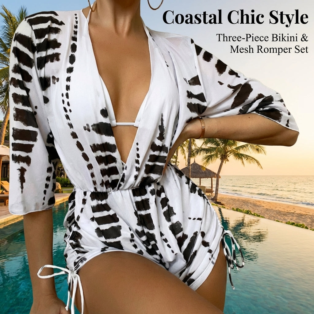 Swimsuit for Girls and Womens Bikini Sets for Water Sports, Three Piece Long Sleeve Printed Design with Mesh Detailing