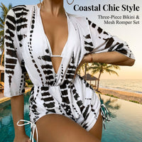 Swimsuit for Girls and Womens Bikini Sets for Water Sports, Three Piece Long Sleeve Printed Design with Mesh Detailing