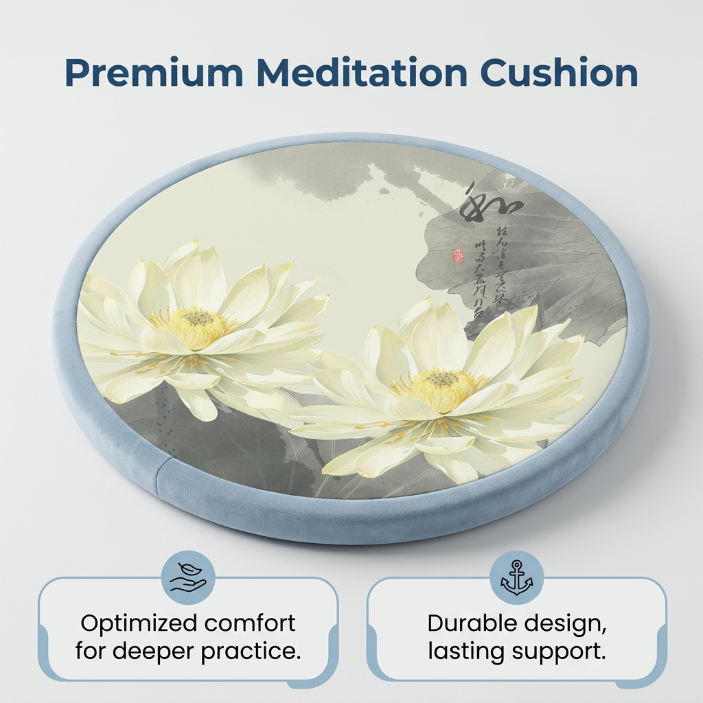 Zafu Meditation Cushion for Floor, Round Pad with Lotus Pattern, Thick Padded Pillow for Prayer and Meditators, 23.6 Inch