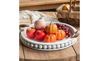 Handmade Countryside Platter Handcrafted Round Beaded Wood Tray Convenient Handle Farmhouse Dessert Display Set for Parties, Weddings