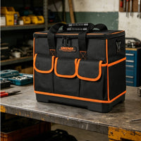 Oxford Textile 18 Inch Tool Bag Black and Orange Hard Bottom Tool Bag Flat-Lid Design Portable Storage Reinforced Handle
