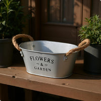 Brushed White Vintage Metal Flower Pot Sturdy Handles Galvanized Oval Planter Oval Metal Planter