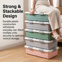 Under Bed Clothes Storage Box with Wheels, 81x40x17.5cm Clear PP Container, Double Opening Lid for Bedroom Organiser