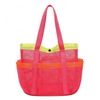 Side Pockets Mesh Tote Bag Snap Closure Mesh Beach Bag Long Handles Contrast Trim for Pool