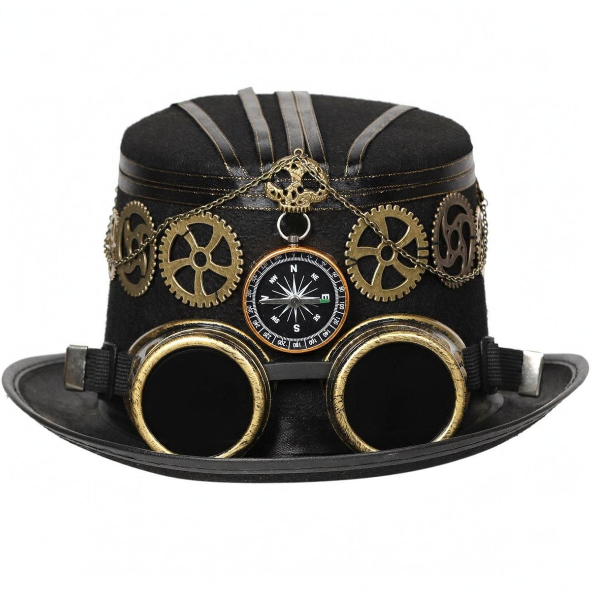 Brass-Tone Gears Steampunk Top Hat Wide Brim Victorian Steampunk Hat Decorative Band Costume Accessory Structured Crown for Stage Performance, Theater