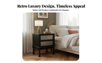 Vintage Design Rattan Drawer Nightstand French Retro Design 2-Drawer Woven-Front End Table Ample Storage Bedside Cabinet Rounded Corners for Adults, Homeowners, Guest Room, Home Office