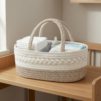 Braided Cotton Rope Basket Loop Handles Woven Storage Basket Striped Lining Neutral Tones