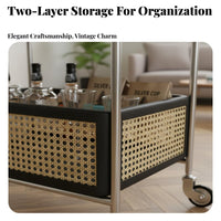 Easy to Move Wooden Trolley with Rattan Basket Multifunctional Vintage Mobile Side Table Space-Saving 2-Tier Rolling Cart Large Capacity for Home Entertainers, Apartment Dwellers, Homeowners, Living Room, Bedroom, Art Studio