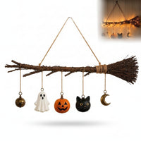 Glowing Lighted Broom with Ornaments Hanging Broom Decoration with Lights Warm White Halloween Decorations Black