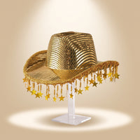 Hat with Bead Chains Shiny Mesh Cowboy Hat Fringed Fashionable for Women, Parties, Festivals