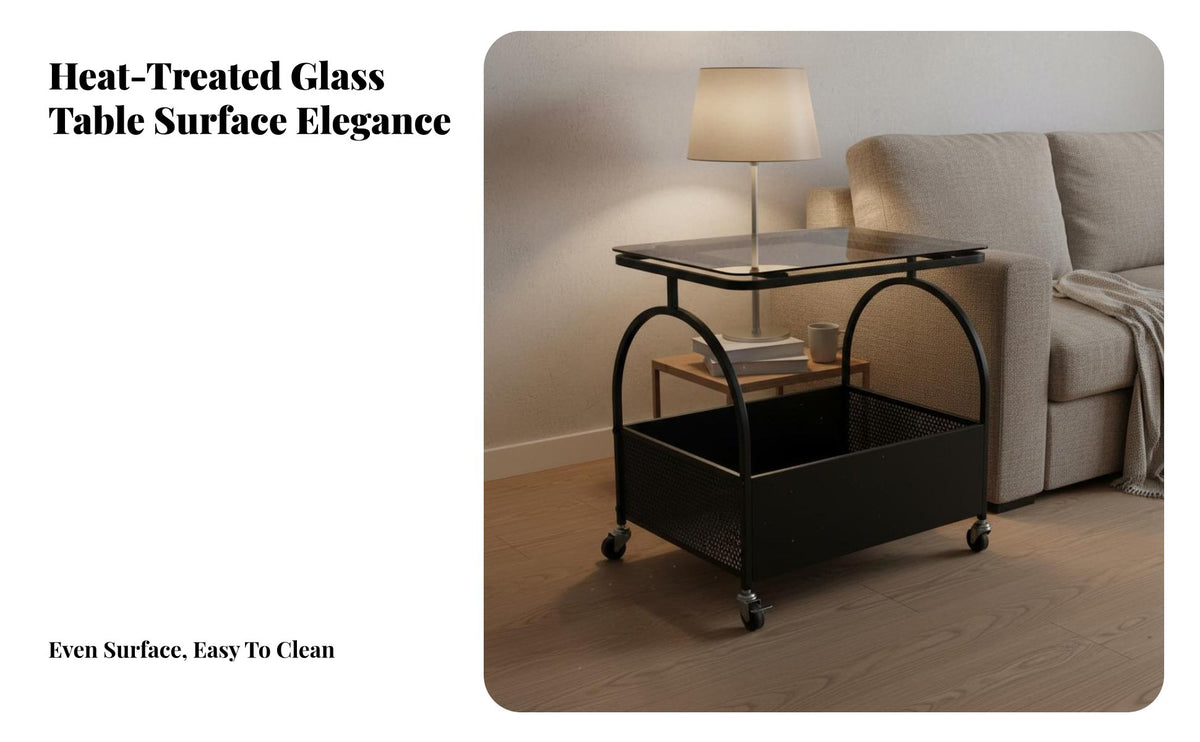 Mobile Design Wheeled Side Table Space-Saving Rolling Side Table with Basket Sturdy Frame Storage Trolley Tempered Glass Surface for Apartment Dwellers, Homeowners, Office Workers, Living Room, Bedroom, Small Areas, Balcony