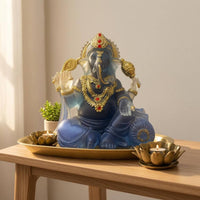 Gilded Finish Accents Thai Ganesha Statue Crystal Glass Look Elephant God Statue Wealth Attracting Ganesha Figurine Artisan-Made Craftsmanship for Home Altar, Meditation Space, Office Desk, Living Room