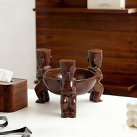 Glossy Finish Carved Figure Tray Dark Brown Sculptural Bowl Tray