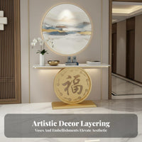Light Luxury Design Console with Fu Character Base Scratch Resistant Top Accent Table Rounded Corners Household Furnishing Easy to Clean for Homeowners, Interior Design Enthusiasts, Hotel Managers, Entryway, Hallway, Living Room