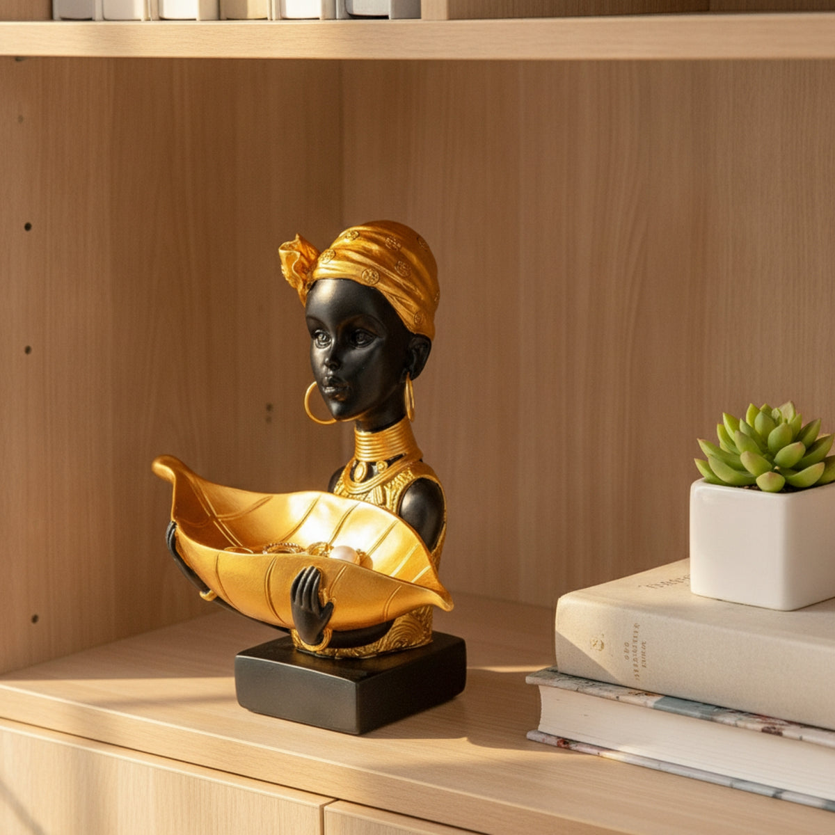 African Statue with Leaf Tray Resin African Woman Figurine Decorative Figurine with Tray for Dresser