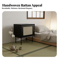 Japanese Aesthetic Rattan Door Cabinet Nordic Design Woven-Front End Table Small Footprint Nightstand Minimalist Aesthetic for Apartment Dwellers, Homeowners, Interior Decorators, Next to Bed, Bay Window Area, Living Room, Entryway