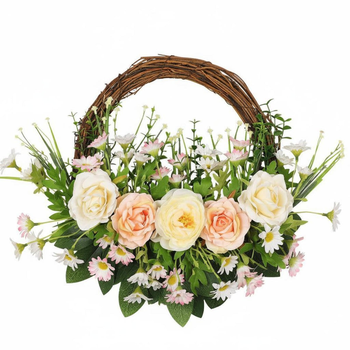 Farmhouse Door Wreath Low Maintenance Artificial Rose and Wildflowers Wreath Realistic Flowers Spring Floral Door Basket for Easter, Porch, Wedding