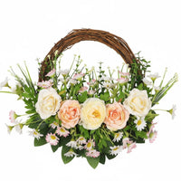 Farmhouse Door Wreath Low Maintenance Artificial Rose and Wildflowers Wreath Realistic Flowers Spring Floral Door Basket for Easter, Porch, Wedding