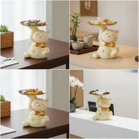 Auspicious Cat Figurine with Tray Resin Cat Figurine Tray Stylish for Entryway