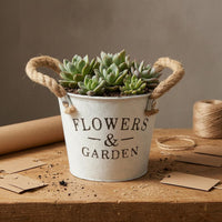 Hand-Painted Metal Bucket Planter Distressed Finish Bucket Flower Pot Printed Lettering Rope Handle Planter Tapered Shape