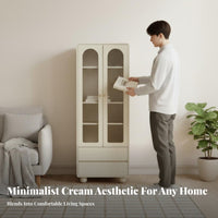 Fluted Glass Door Cabinet Cream Design Design Glass Door Storage Cabinet Ball-Shaped Feet Bookcase for Collectors, Homeowners, Living Room