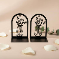 2 Pieces Space Saving Vase Pattern Bookends Sturdy Hollow Floral Book Stand Sturdy Flower Bookend Set for Bookshelf, Desk, Office