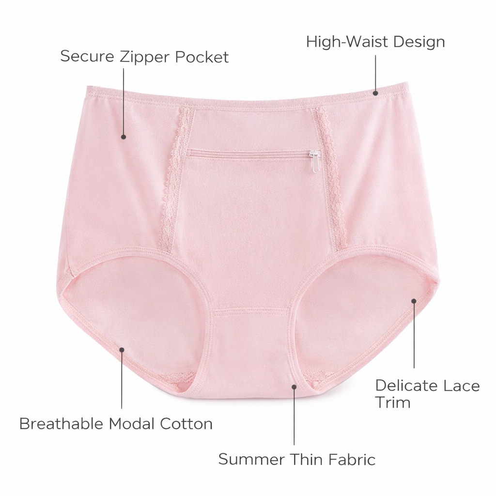 Women's Briefs with Zipper Pocket for Travel, High Waist Modal Underwear for Daily Wear, Full Coverage with Secure Storage