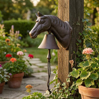 Hand-Pull Horse-Head Bell Vintage Cast Iron Entry Bell Sculpted Entryway Fixture Dark Metal Finish for Doorway