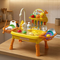 Detachable Legs Duck Theme Sink Playset Dish Rack Toy Dishwashing Sink Hanging Utensil Hooks Electric Faucet Toy Storage Baskets for Children
