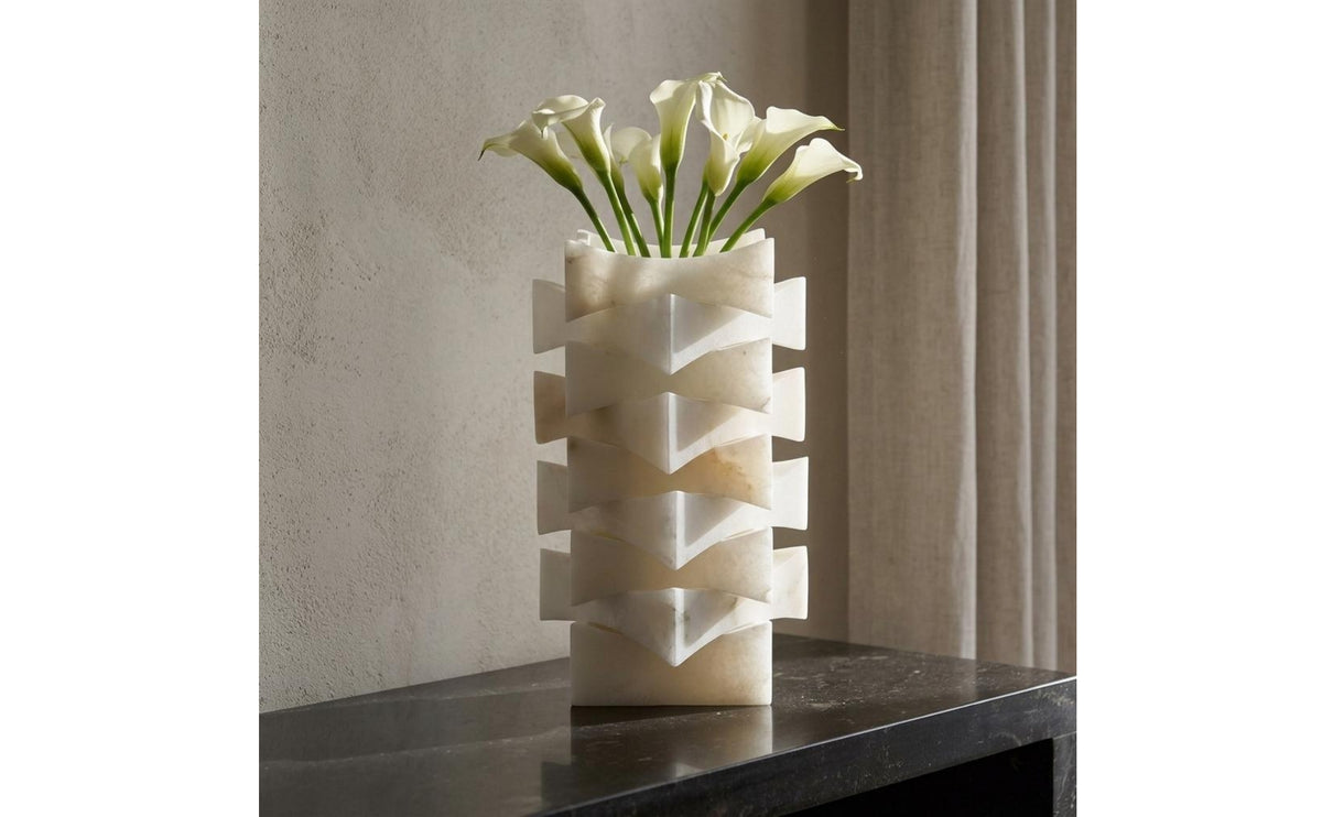 Decorative Stone Vase Beige Veining Geometric Vase Flat Base for Tabletop Display