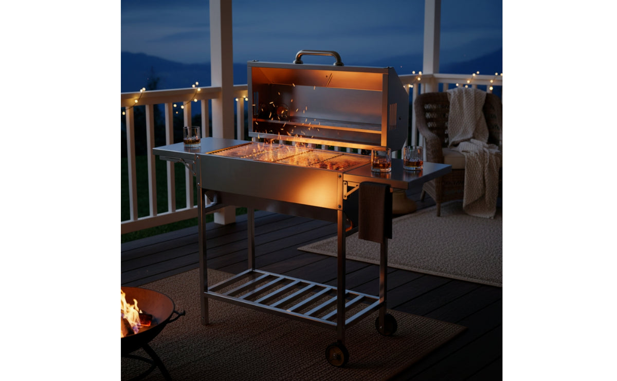 Barbecue Grill with Side Shelves Stainless Steel Lidded Barbecue Grill Outdoor for Backyard Cooks, Families, Patio, Yard