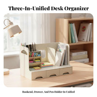 Space Saving Multi-Compartment Storage Box Multiple Compartments Bookend Organizer with Drawers Large Capacity Statisinglery Holder Multifunctional 3-in-1 Design for Students, Teachers, Parents, Desk, School, Study Room, Vanity Table