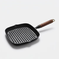 Frying Pan for Induction Hob and Home Cooking, Heavy Duty Cast Iron Skillet with Wood Handle and Tongs, Square Grill Pan, Outdoor Cooking Gear