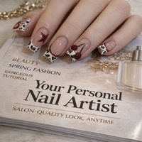3D French Tip Press On Nails with Floral Rhinestones, Artificial Ons for Girls Wedding, Includes Jelly Glue and File