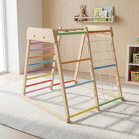Wooden Climbing Frame with Cord Climbing Net Freestanding Wooden Climbing Arch Play Structure Wood Indoor Climbing Gym for Young Children, Kids