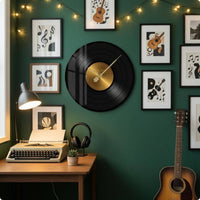 Vinyl Records Wall Clock Reinforced Glass Music Themed Wall Clock Gold-Tone Timepiece for Indoor