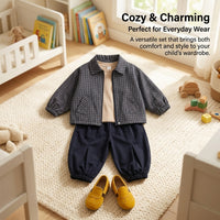 Kids Clothes Boys Long Sleeve Plaid Jacket Three Piece Set with Zip Closure, Outfit for Casual Outings and Outdoor Wear, Coordinated