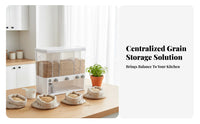 Large Capacity Press-to-Dispense Rice Container Push Button Dispensing Multi-Compartment Grain Dispenser Transparent Design for Pantry