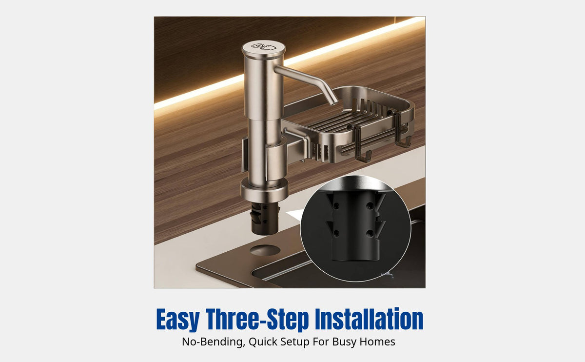 Quick Install Kitchen Sink Soap Dispenser, Space Aluminum, Press Pump, Extended Height, Storage Shelf