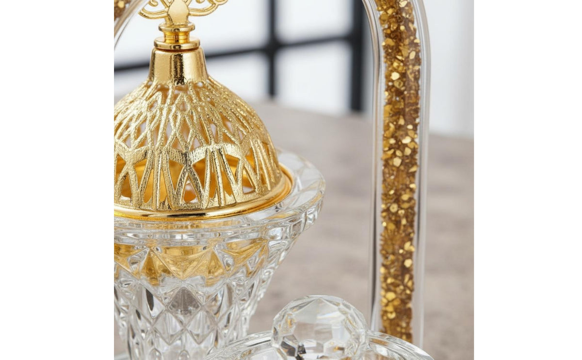 Ornate Design Crystal Incense Burner Gold Accents Glass Incense Burner Safe Lid