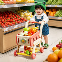 Toddler Toy Shopping Cart with Play Food Kids Shopping Cart Toy Easy-Push Grocery Cart Smooth-Rolling for Toddlers, Playroom