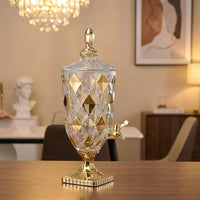 Glass Juice Dispenser with Ornate Gold Lid, 2L Water Dispenser and Beverage Dispenser with Tap Handle, Elegant Lemonade Dispenser for Home Use