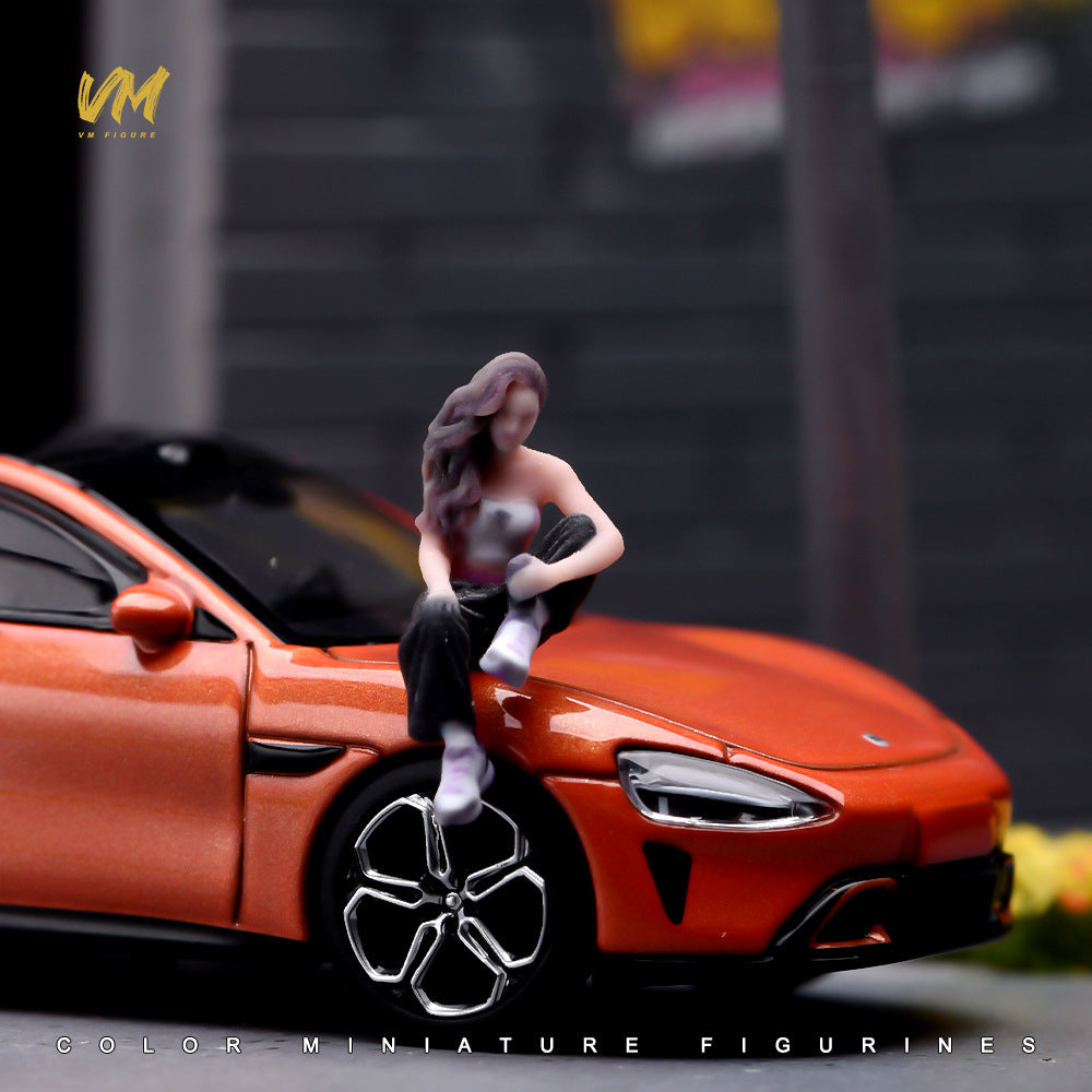VM 1/64 Sports Car Sitting Trendy Girl Miniature Figure Casual Long Hair Female 3D Printed Figure