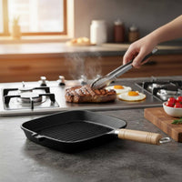 Ribbed Frying Pan Ridged Surface Cast Iron Skillet Easy to Clean Cookware