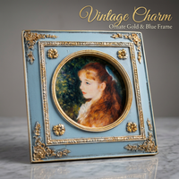 Valentines Picture Frame with Gold Trim, Ornate Blue Resin Photo Display, 4 Inch Square Tabletop Stand or Wall Hanging, Decorative Vintage Style